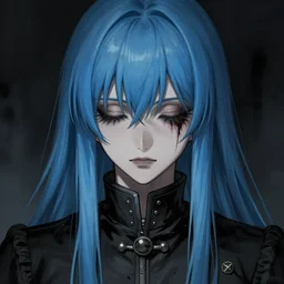 full face shot of rimuru tempest, sky blue straight hair, long bangs, closed eyes, wearing a fancy black jacket, high collar, ultra detailed, brush strokes, digital painting, cinematic, wlop artstation, closeup, pixiv, eerie, scary, overpowering, evil, yoshitaka amano, junji ito,