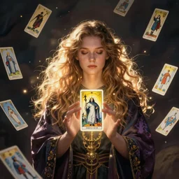 wizard, tarot cards floating, by rebecca guay