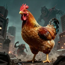 still image taken from sci fi horror movie of a giant chicken and monster attacking a city. low camera angle. 1 9 6 0.