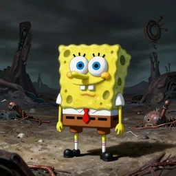 spongebob squarepants in style of zdzisław beksinski, standing in wasteland, spongebob horror art, creepy, desolate