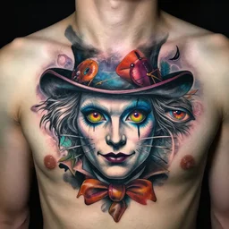 closeup photograph of an incredible color chest tattoo of mad hatter face made of psychedelic eyes in the style of Alex grey peter mohrbacher intricate, model with attractive body, award-winning by rapha lopes, and baris yesilbas, photo taken with dramatic studio lighting by brian ingram