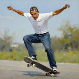 barack obama skateboarding, oil painting