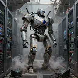 gloomy ruined server room in datacenter painting concept art of half - body robot colossus, sharp focus, smoke, artillery, pacing, computers, racks, motherboard, by pascal blanche rutkowski artstation detailed matte painting, 4 k resolution