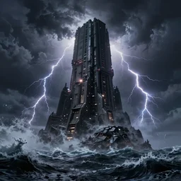 star wars concept art by greg rutkowski, a brutalist giant tower in the middle of a raging and stormy ocean, lightning storm and gale force winds, dark environment, dramatic atmosphere, artstation hq.