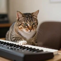 a cat music producer with a keyboard. animal photography