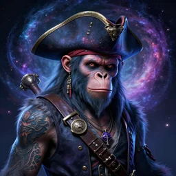 a wlop 3 d render of very very very very highly detailed beautiful mystic portrait of a young ghost ape pirate in a hat with whirling galaxy around, tattoos by anton pieck, intricate, extremely detailed, digital painting, artstation, concept art, smooth, sharp focus, illustration, intimidating lighting, incredible art,