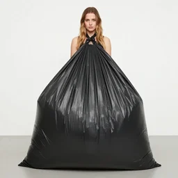 kyrsten sinema dressed up in a large black plastic garbage bag with drawstrings, ultrarealistic
