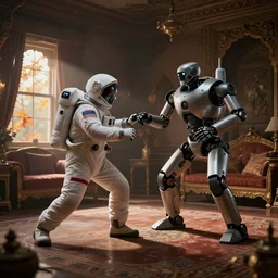 a cosmonaut in a spacesuit in a fight with a machine robot, inaide a richly decorated indian house. the autumn light comes in through a window and dimly illuminates the room, diffuse light, octane render, 4 k, matte painting