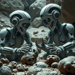 two futuristic robotic archaeologists discovering ancient human fossils with curious body language, highly detailed, photorealistic, alien atmosphere, global illumination, volumetric lighting, intricate detail, elaborate machinery