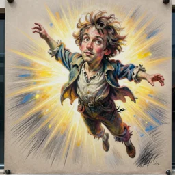 Street art. A man with a large head and a small body is floating in the air, his arms and legs flailing. His clothes are tattered and he has a wild look in his eyes. naturalism, crayon by Adolph Menzel doom