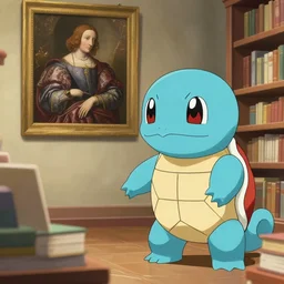 a robot talking to a squirtle in a bookstore, renaissance painting, award winning