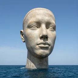 a giant sculpture in the ocean of an abstract human head, hyper - realistic, very detailed, realistic water, ray tracing, 8 k resolution, long - shot, sharp focus, low angle, 8 5 mm photograph, wide lens