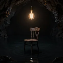 beautiful matte painting, chair under an edison bulb in empty black space, infinite black cave lake, cgsociety, steampunk, extreme contrast, sunken in black water, void