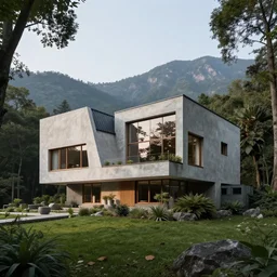 complex brutalist house on a secluded mountain with trees around