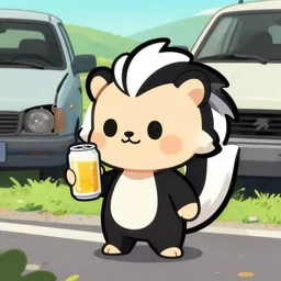 cute anime skunk character, holding a can of beer, on the side of the road next to a broken down vehicle