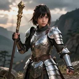 A young maiden is dressed in padded armor and carries a staff, fists clenched as she is ready and determined for adventure. Photorealistic anime.