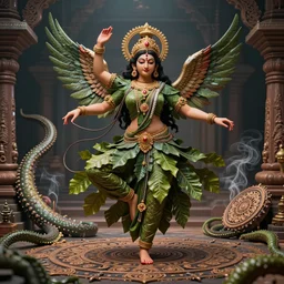 an immaculate render of a dancing indian goddess adorned with leaves and cables and bird wings, dancing in a temple surrounded by wild tentacles made from mandalas and incense smoke, full body, perfect face, powerful, cinematic, beautifully lit, by artgerm, by karol bak, by android jones, 3 d, trending on artstation, octane render, 8 k
