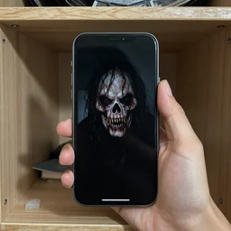 grainy photo of a smartphone as a creepy monster in a closet, harsh flash