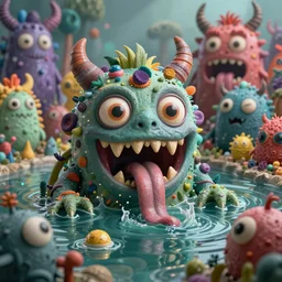 intricate colourful murky with strange cute friendly horror crazy monsters village with huge beauty eyes long tongue triangle teeth and scary face appearing from the water, in the style of craola, shallow depth of field, highly detailed, digital painting, trending artstation, concept art, illustration, cinematic lighting, vibrant colors, photorealism, epic, octane render