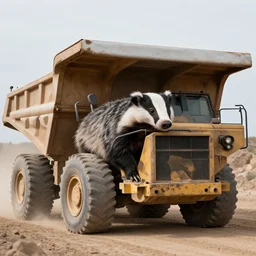 A badger driving a large mining truck, photo, realistic, hyperrealism, realism, badger
