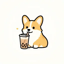 a simple logo of a corgi is drinking boba milk tea, logo design