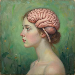 a painting of a woman with a brain in a green romantic surrounding