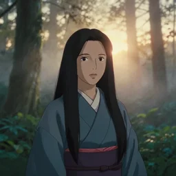 portrait bust of woman front facing, film grain, kodachrome, dense forest, long black hair, classic kimono, heavy fog, backlit, princess mononoke, 4 k, greg rutkowski, shallow depth of field, dramatic lighting, sunset, hayao miyazaki, masashi ando, nizou yamamoto, kazuo oga, joe hisaishi