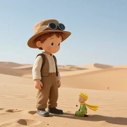 a pilot with a little prince in the desert