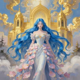 breathtaking detailed painting by pilyeon and yuumei art, a full shot queen with long flowing bright blue hair, long dress and pastel flowers petals and golden tumultuous clouds, symmetrical facial features, at dawn in front of a pristine golden art nouveau cathedral, elegant, highly detailed, artstation, concept art, matte, sharp focus,
