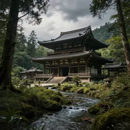 a ancient japanese temple in the middle of a forest mear a small river, extremely highly detailed, high quality, 8K HDR, octane render, unreal engine 5, hyperrealistic, concept art, trending on Artstation, dramatic lighting, cinematic, high coherence, path tracing, ruins, clouds in the sky