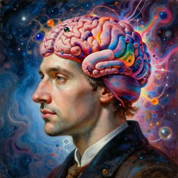 a hyper extravagant and complex painting with almost quantum details of a man with a super brain in sight and a syndrome that transforms his head and his way of perceiving the universe, by annibale carracci, by anthony van dyck, by camille corot, cool color palette, colorful, spectral color, refractive, orbeez, plasma, electric