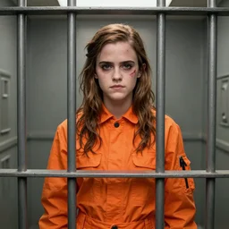 emma watson standing behind metal bars in a jailcell, vibrant orange jumpsuit, bloody scratch on forehead, confident and severe looking, professional photography, intricate, elegant, sharp focus, stern, long stringy dirty hair lying on her shoulders, confident expression, 8 k, cinematic, highly detailed, loose orange jumpsuit, portrait,