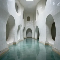 photo of a vast interior space of irregular rooms and corridors, bizarre architecture. ceramic white tiles on all the walls. the floor is flooded with one meter deep water. eerie, volumetric lighting, liminal space