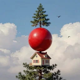 matte painting of a red ball balancing on a small house balancing on a pine tree, very tall, in the sky, surrounded by clouds, birds eye view, highly detailed, disney, style of maxfield parrish, in the style of lady and the tramp