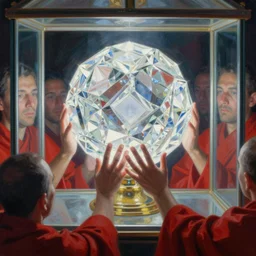 close - up of worshippers in red robes holding a very complex gigantic reflective glowing glass crystal tesseract orb violently illuminating a small glass room with glass windows, very bright white light, small room, glass room, glass, enlightening, close - up, high detailed beksinski painting, part by adrian ghenie and gerhard richter. masterpiece, deep colours, bright white
