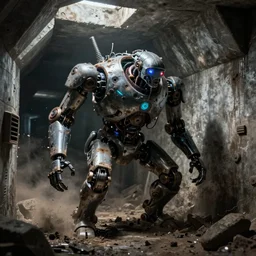 a truly awful machine is breaking into the bunker, horror, techpunk, robot, dirty, dark, dynamic, evil, cryptid, underground, concrete