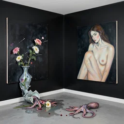 empty room with black walls, sensual portrait of a woman, broken vase, spilled flowers, puddle of water, octopus, squashed berries, neo - expressionism, surrealism, acrylic and spray paint and oilstick on canvas