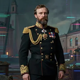 Nicholas II of Russia, cyberpunk, synthwave, glitch, digital art, detailed, photo realistic