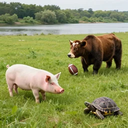 outdoor football field, next to a river, a pig, a cow, a bear playing football, football lying on a turtle.