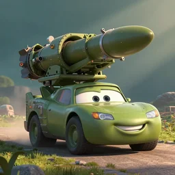 HIMARS with missile, eyes and smile, Cars Pixar movie style, detailed, green