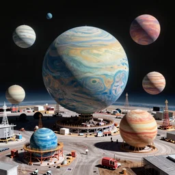 Massive colourful planets are being build at a construction yard in space. Very detailed 4k wide angle photo.