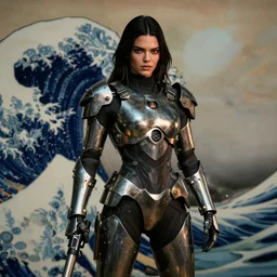 kendall jenner wearing metal gear armor holding gun dramatic lighting art by Richard Schmid by Hokusai by Yoji Shinkawa by greg rutkowski by trevor henderson by ross draws cinematic dramatic
