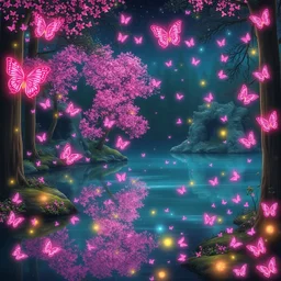 a forest with a lake full of pink butterflies and fireflies of all colors, digital art