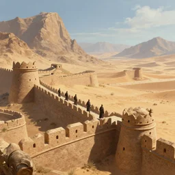 highly detailed 4K fantasy matte painting of an ancient roman stronghold fort in the mountain desert dry guards standing on the walls looking out at the sahara digital art by Greg Rutkowski and Thomas Kinkade, trending on Artstation