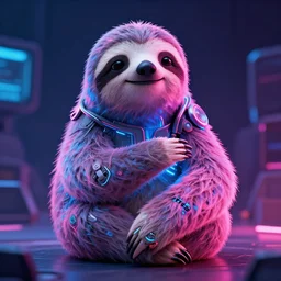 a cybernetically enhanced sloth lit in pink and blue neon
