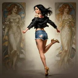 tattooed pinup sexy girl monica bellucci wearing a jacket and ripped shorts running and jumping, character sheet, contrast, deep focus, turnaround, highly detailed, dramatic lighting, rear view, ultra wide angle, digital painting, artstation, concept art, matte, sharp focus, illustration, elegant, art by artgerm and greg rutkowski and alphonse mucha.