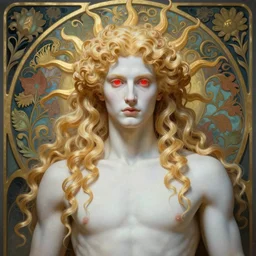the pale blond sun god apollo staring at the viewer, full body shot, sci fi, glowing red eyes, volumetric lights, very very long curly blond hair, very very pale white skin, long blond baroque curls, art nouveau botanicals, intricate, highly detailed, digital painting, artstation, concept art, smooth, sharp focus, cinematic, illustration, beautiful face, art by artgerm and greg rutkowski and alphonse mucha