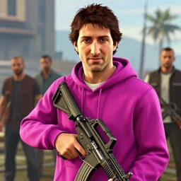 highly detailed portrait justin trudeau in ( ( fuschia hoody ) ) holding ar - 1 5! in gta v stephen bliss unreal engine fantasy art by greg rutkowski loish rhads ferdinand knab makoto shinkai lois van baarle ilya kuvshinov rossdraws tom bagshaw global illumination radiant light detailed intricate environment