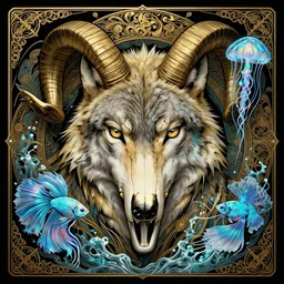 wolf portrait biomechanics with ram skull. beautiful intricately detailed japanese wolf elegant, ornate, luxury, elite,. betta fish, jellyfish phoenix, bio luminescent, plasma, ice, water, wind, creature, artwork by tooth wu and wlop and beeple and greg rutkowski, ellen jewett, alphonse mucha gold black teal and blue color scheme
