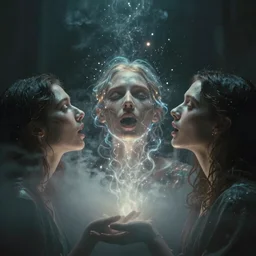 the voices has become a vision, and it glows from the outside, magical. ancient. mist. ghostly. magic particles. cinematic